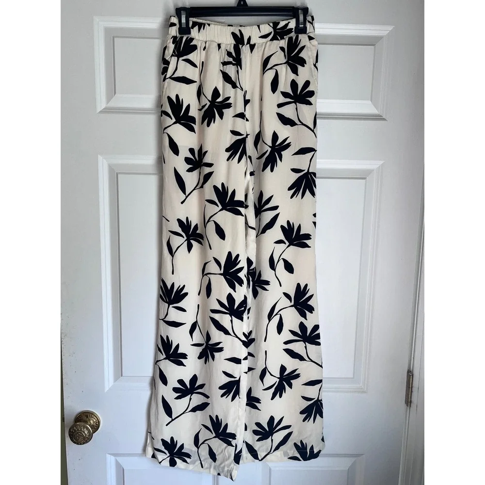 NWT Anine Bing Owen Cream Black Floral Wide Leg Elastic Waist Pants Small - Picture 3 of 9